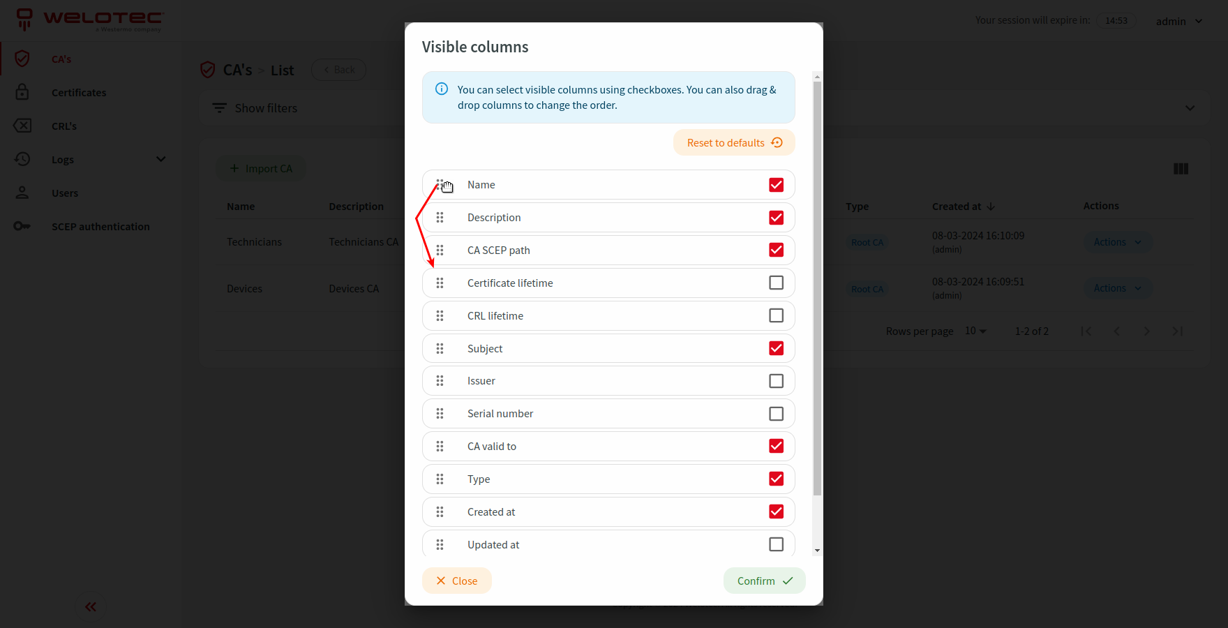 Visible columns dialog